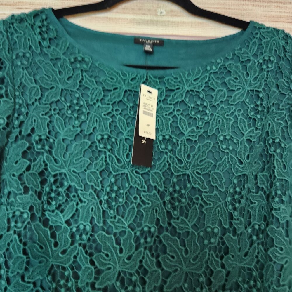 Talbots Cotton Lace Blouse Green 14P Lined NWT Hidden Side Zipper Blouse Top - Picture 2 of 16